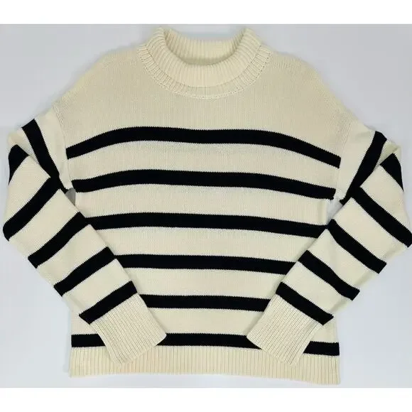 CAARA Cream & Black Striped Turtleneck Sweater Size Medium 100% Cotton - Picture 4 of 10